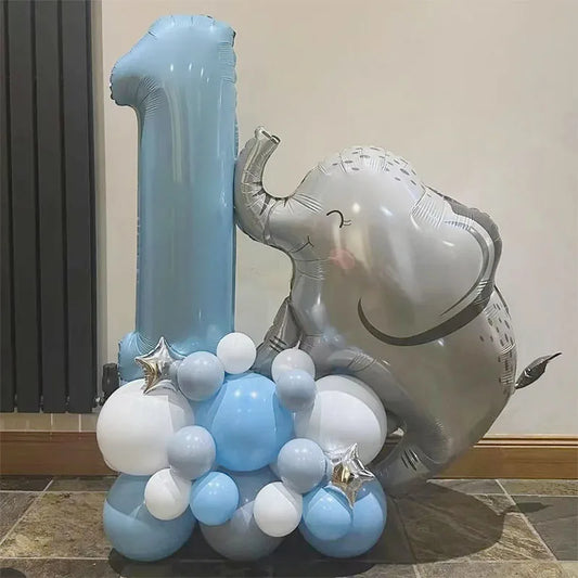 Globos de aluminio con forma de elefante y números para cumpleaños infantiles