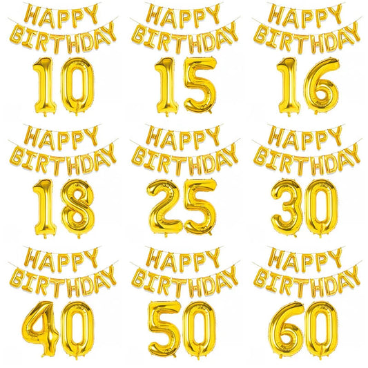 Golden Happy Birthday Number Foil Balloons